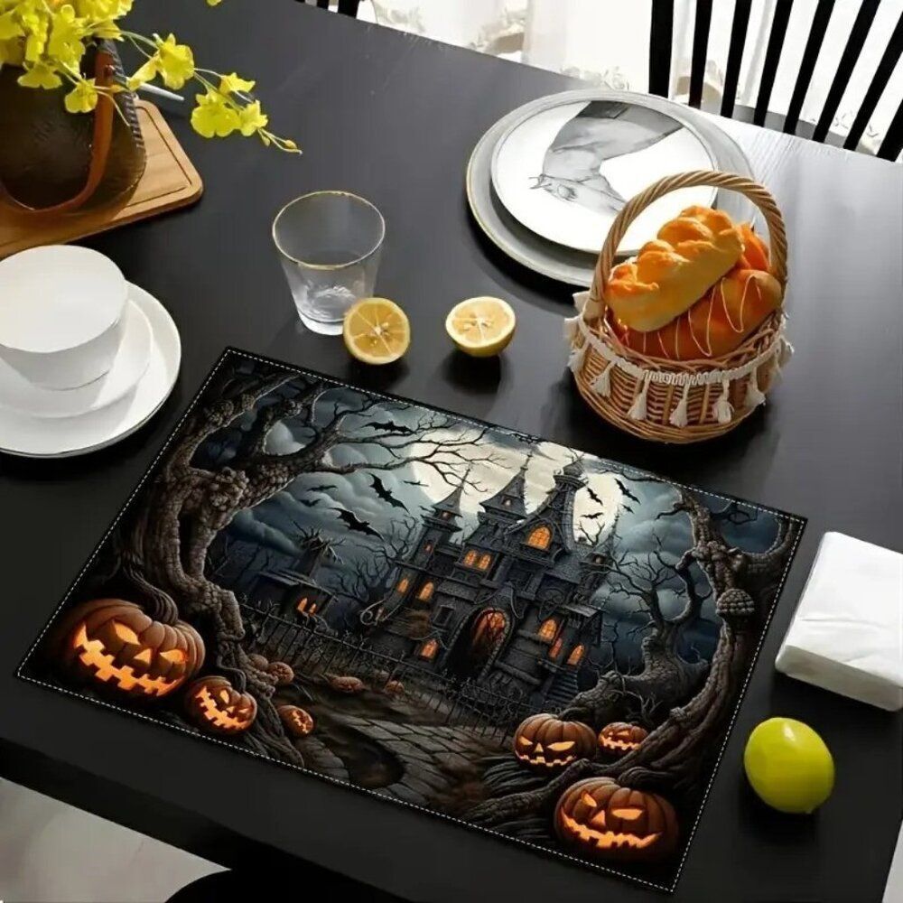 4pcs Halloween Beautiful Castle and Pumpkin Design Placemats - 12x18